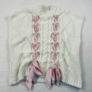Chunky Cable Knit Short Sleeve Sweater XL Cream Pink Ribbon Coquette Soft Girl